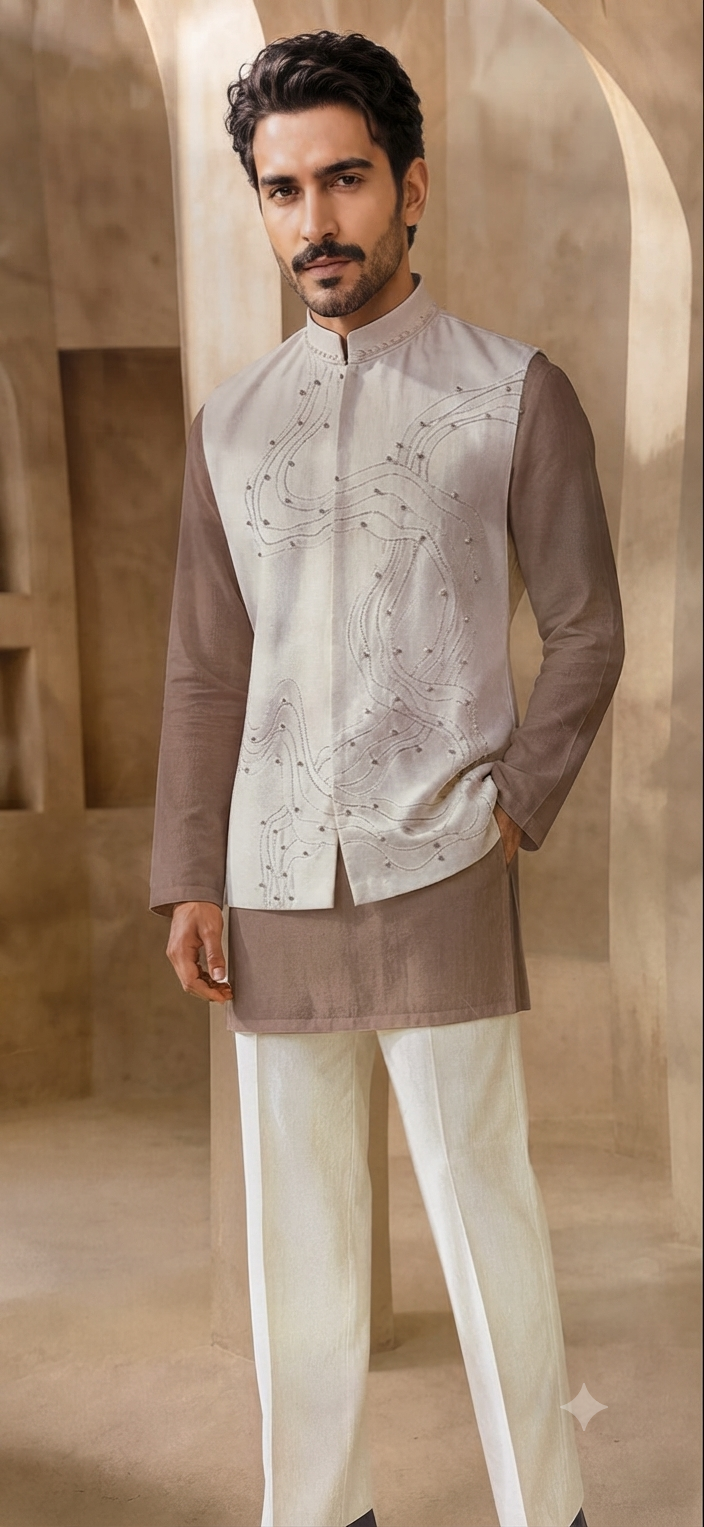 Beige Jacket with Kurta Set