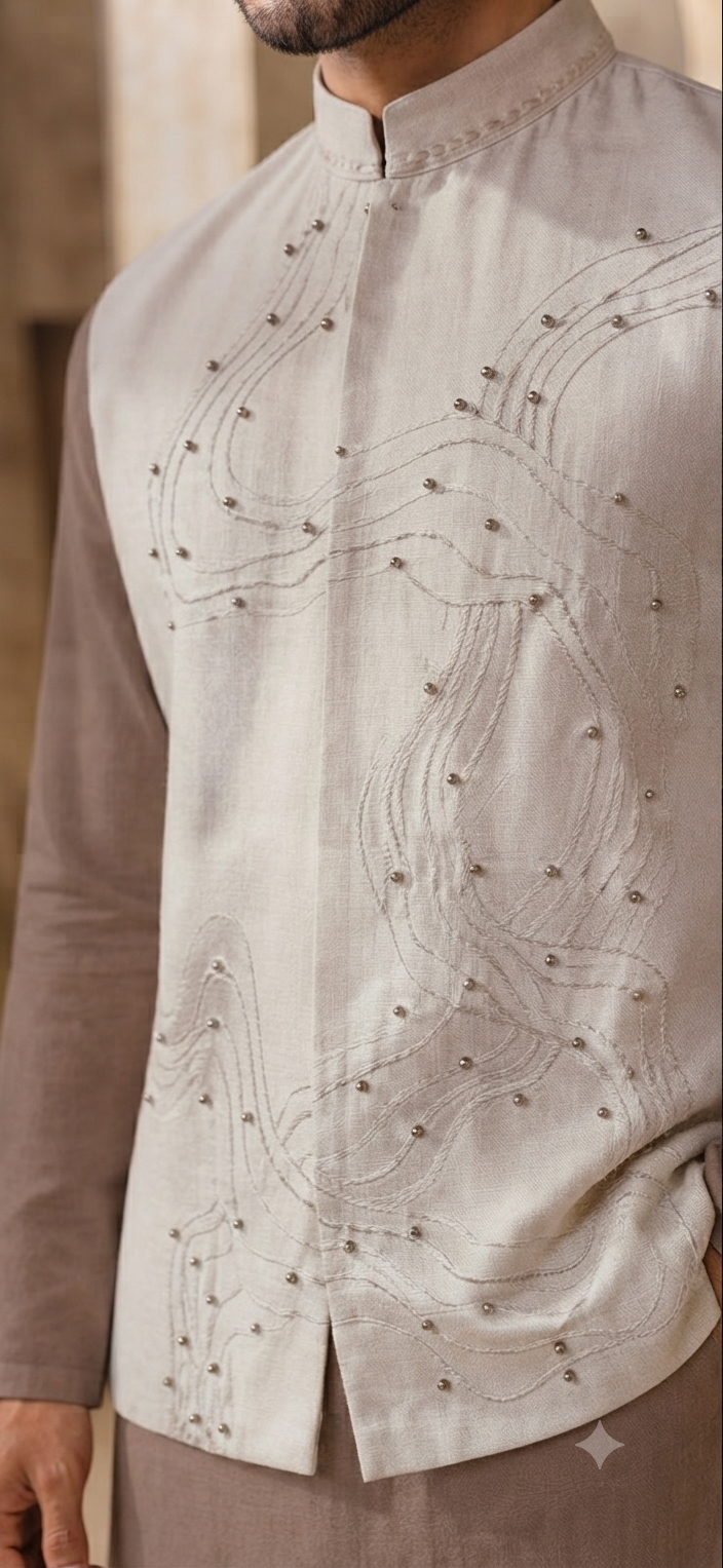 Beige Jacket with Kurta Set