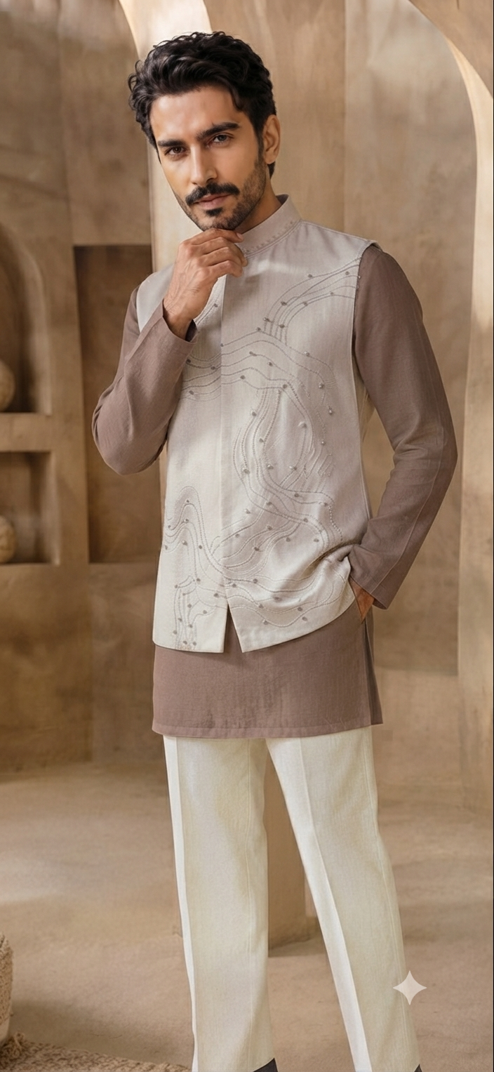 Beige Jacket with Kurta Set