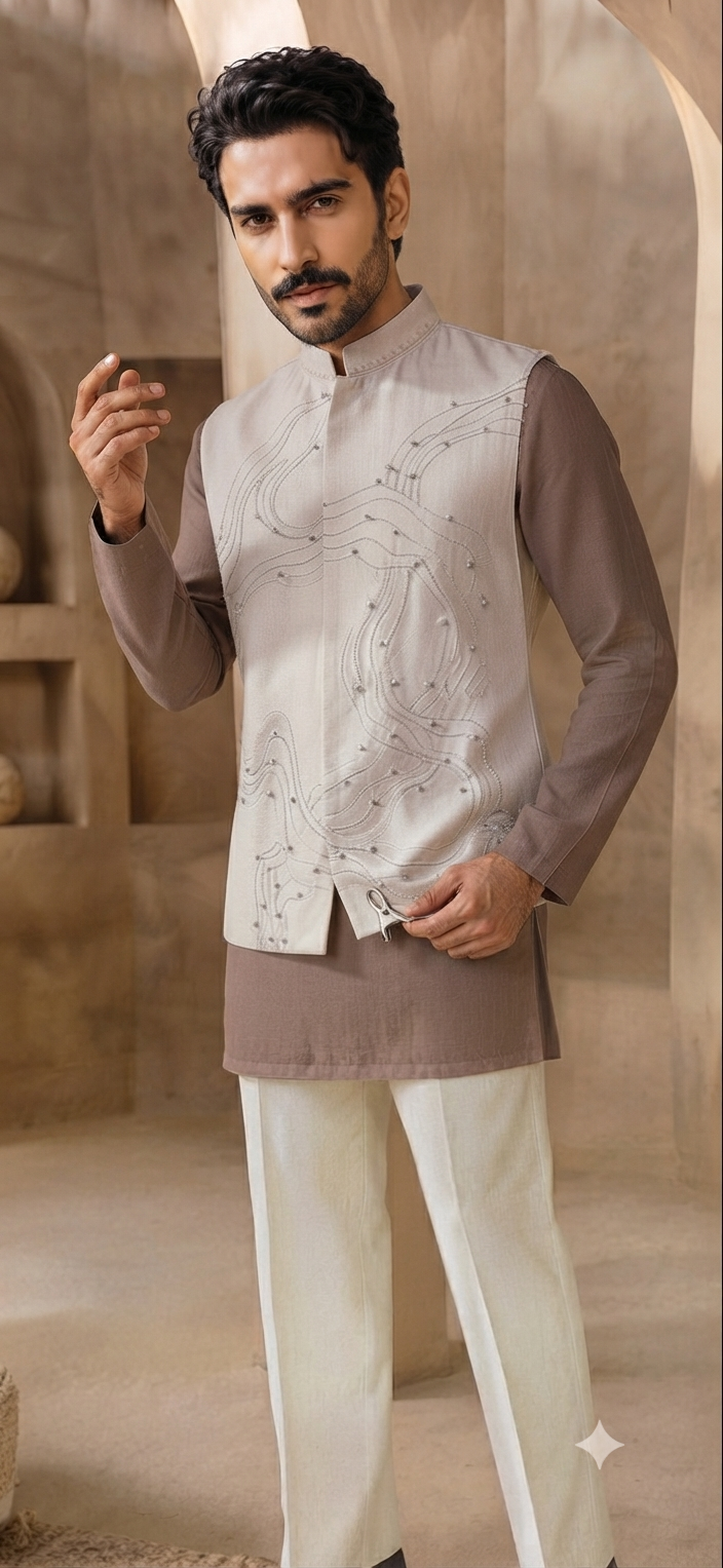 Beige Jacket with Kurta Set
