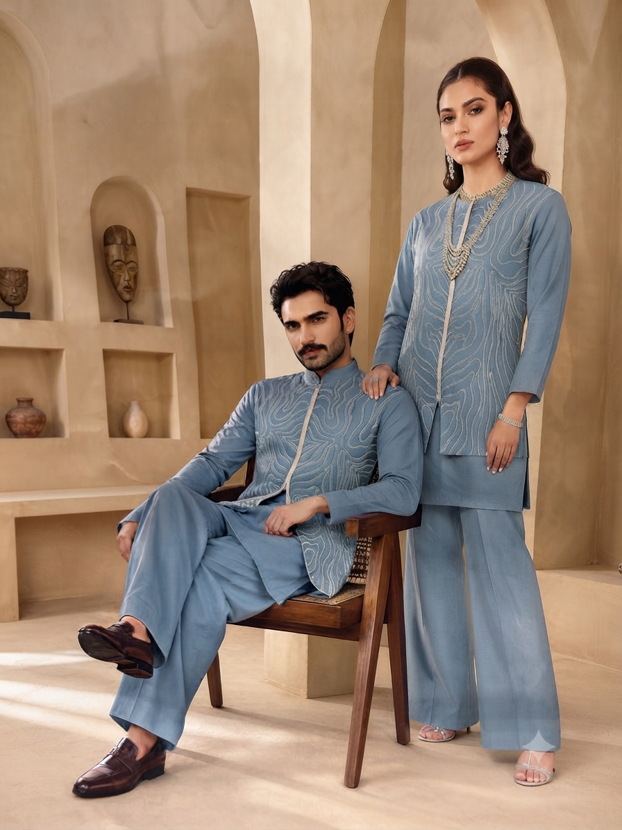 Pastel Blue Embroidered Kurta Set with Matching Jacket
