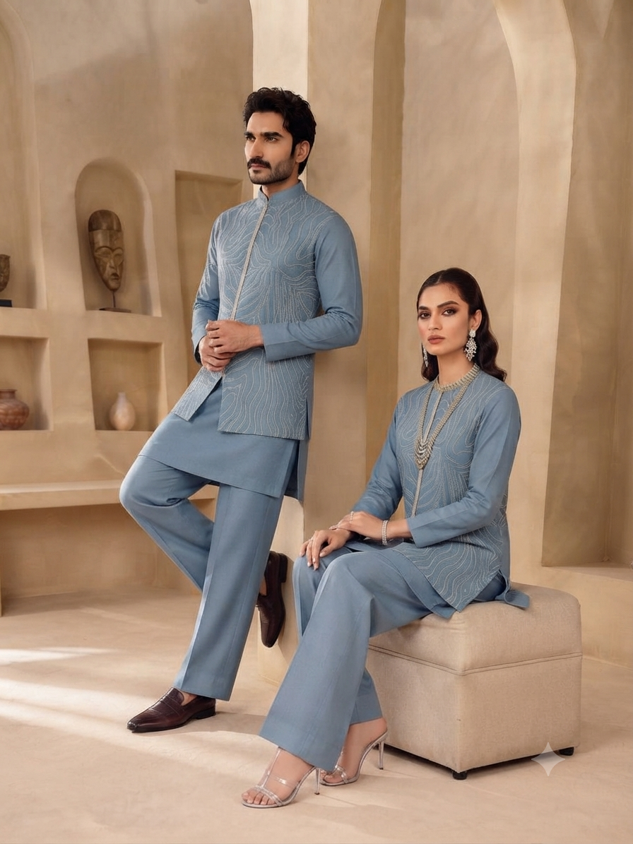 Pastel Blue Embroidered Kurta Set with Matching Jacket