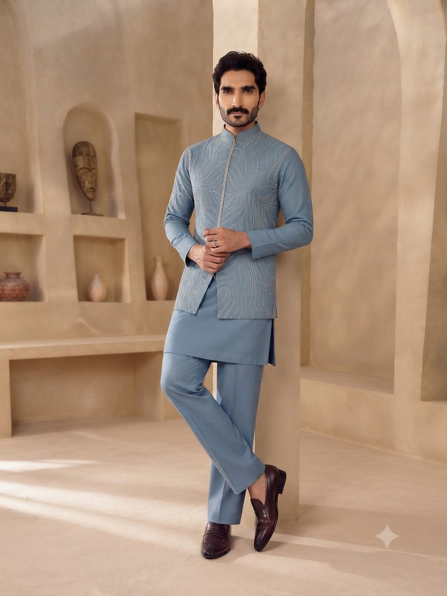 Pastel Blue Embroidered Kurta Set with Matching Jacket