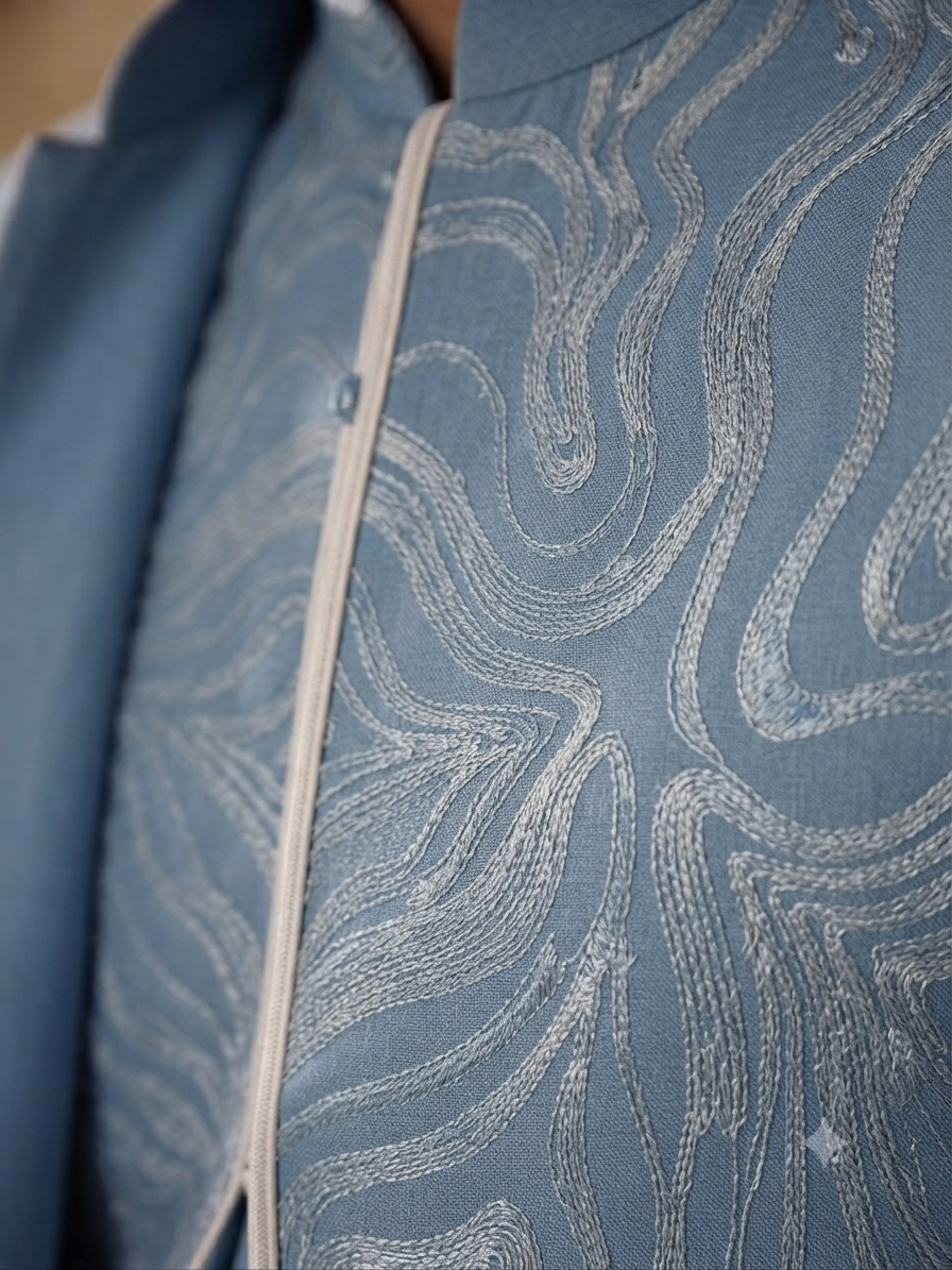 Pastel Blue Embroidered Kurta Set with Matching Jacket