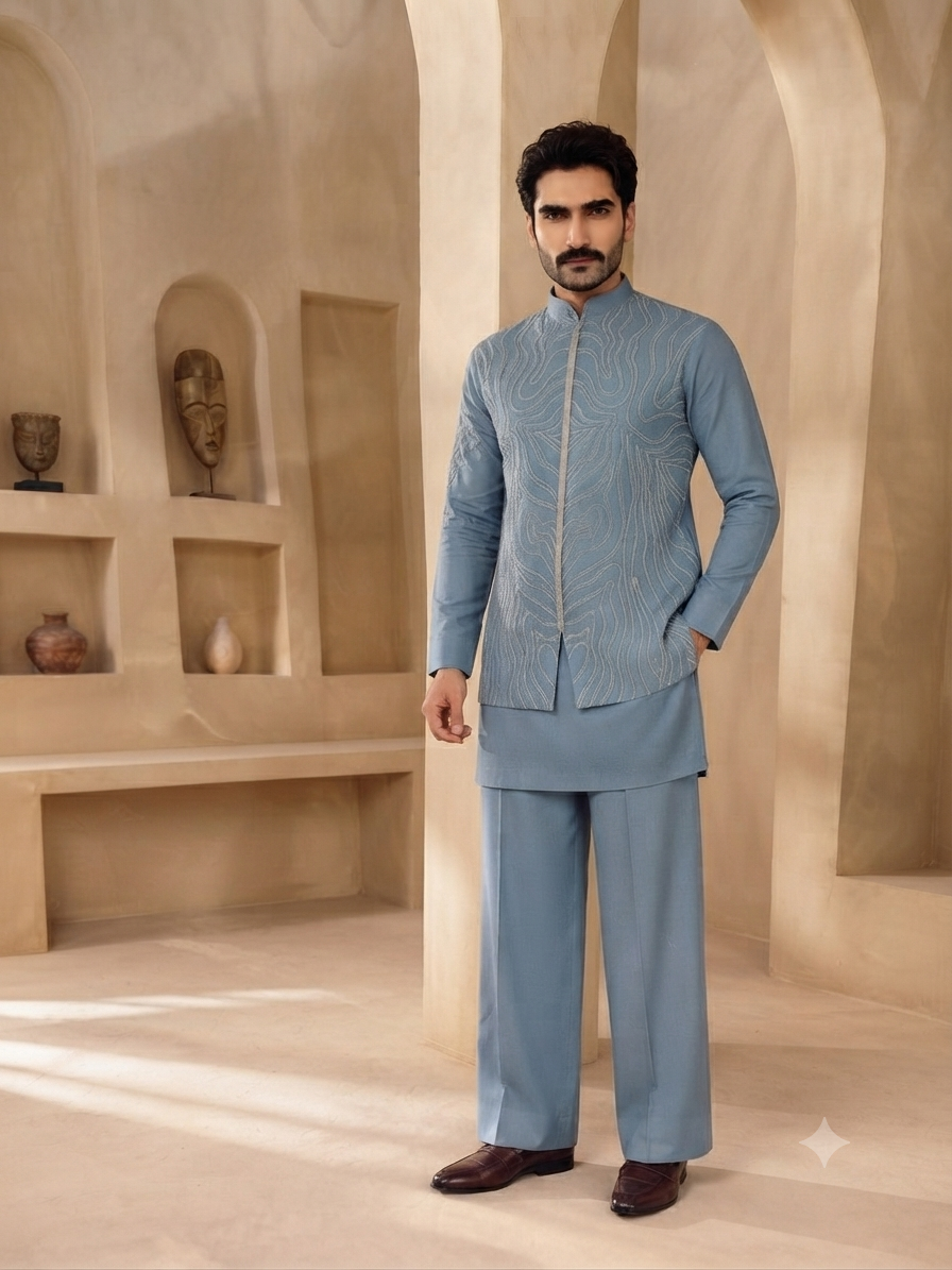 Pastel Blue Embroidered Kurta Set with Matching Jacket