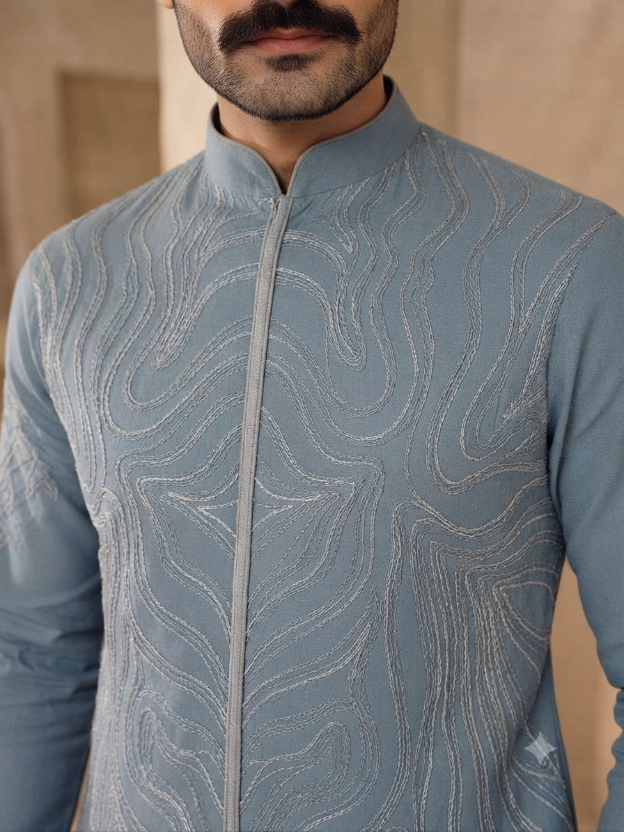 Pastel Blue Embroidered Kurta Set with Matching Jacket