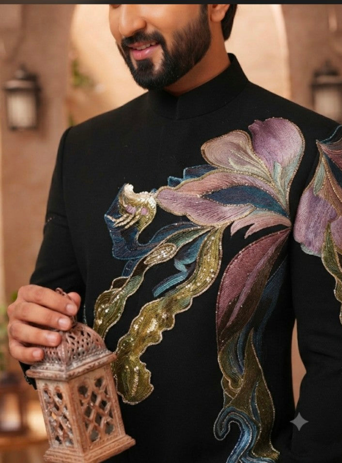 Black Botanical Embroidered Bandhgala Suit