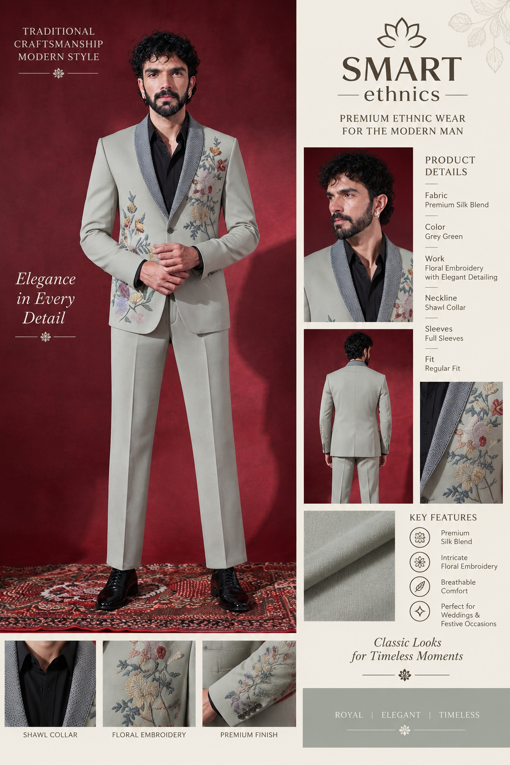 Beige Floral Embroidered Tuxedo