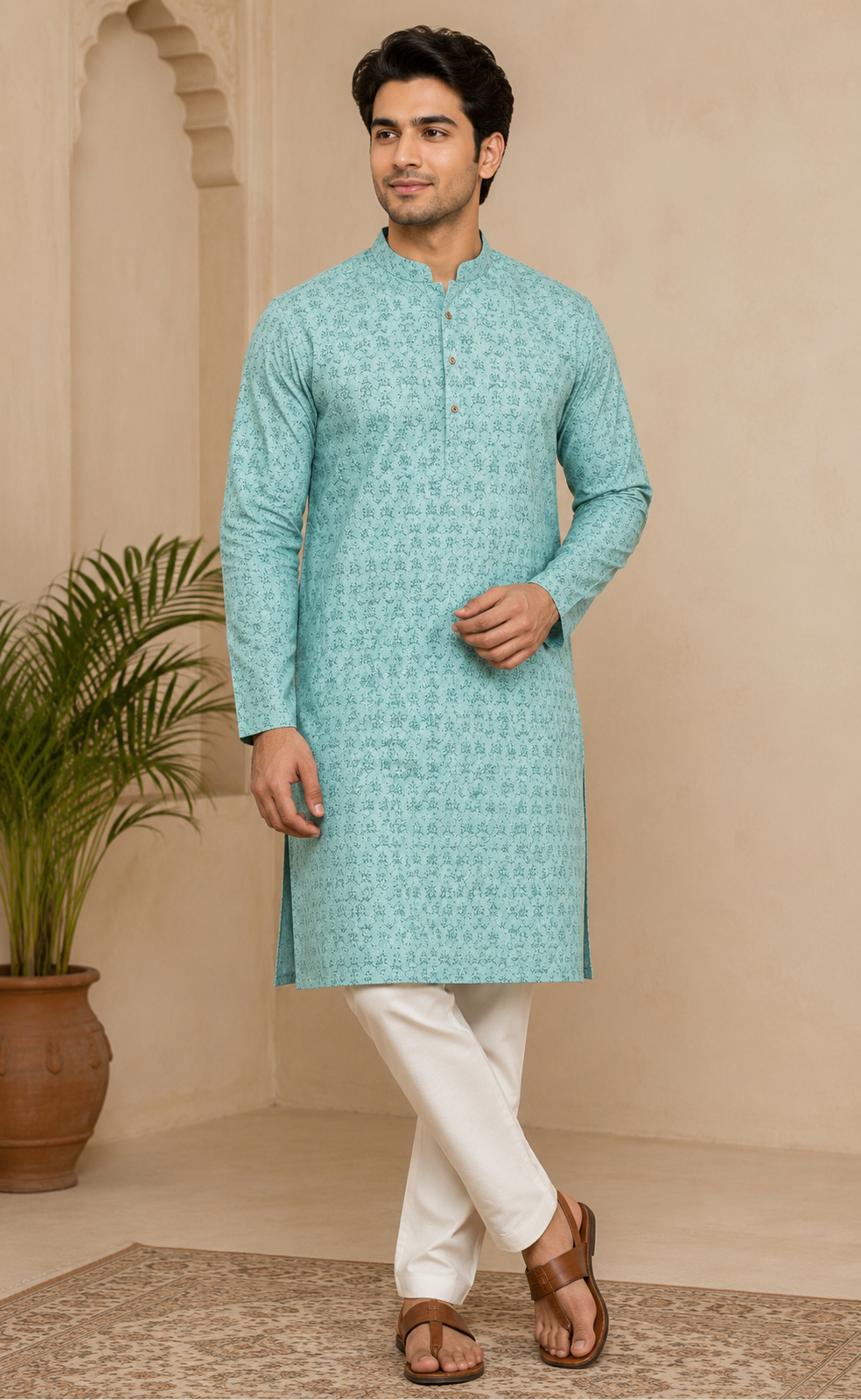 Sea Green Self Thread Work Kurta