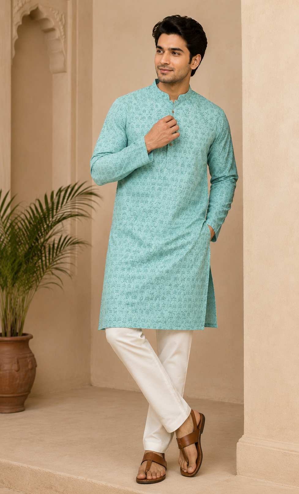 Sea Green Self Thread Work Kurta