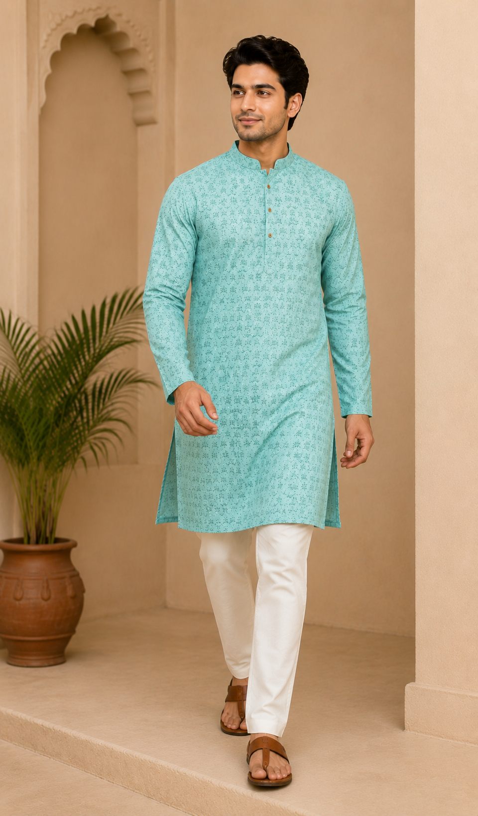 Sea Green Self Thread Work Kurta