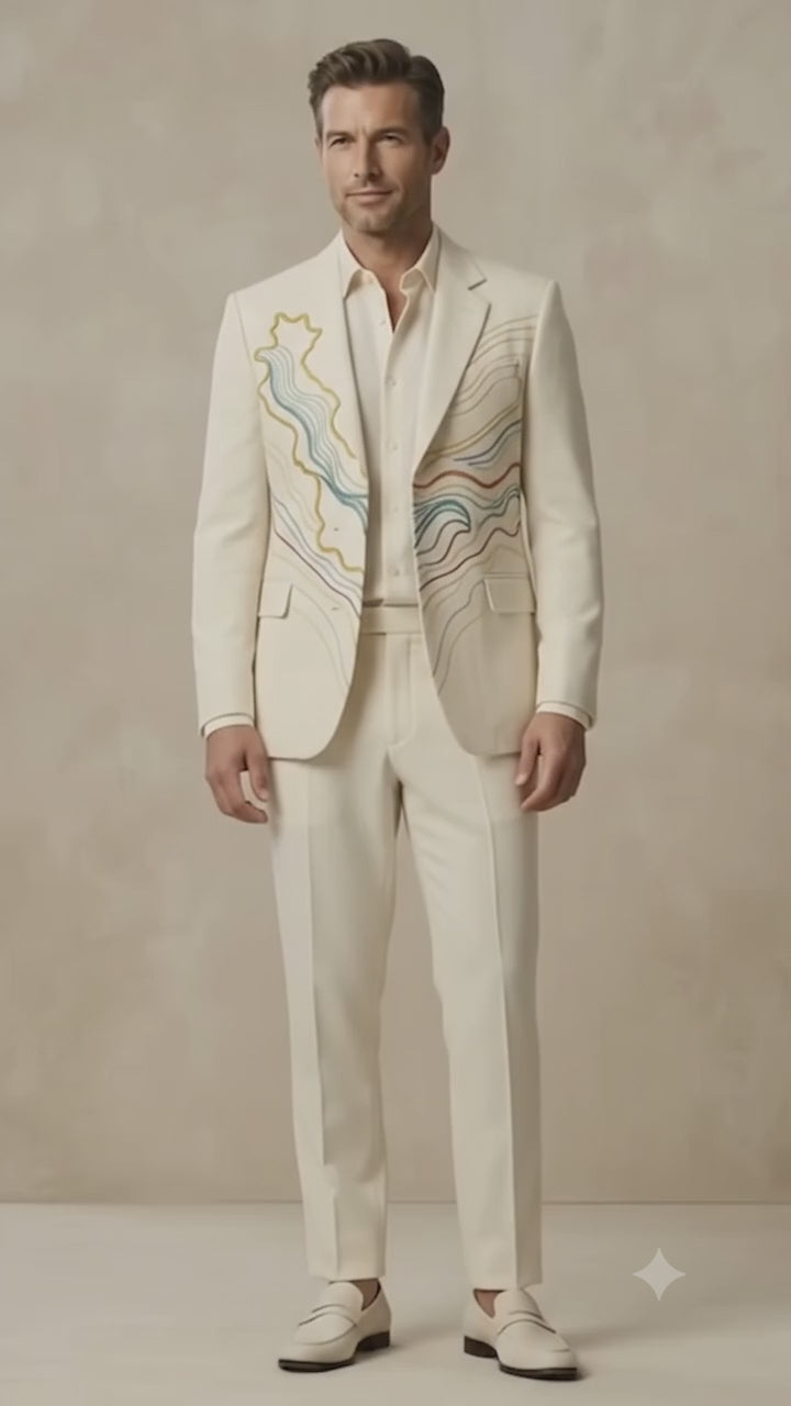 Load video: Embroidered Cream Tuxedo Suit