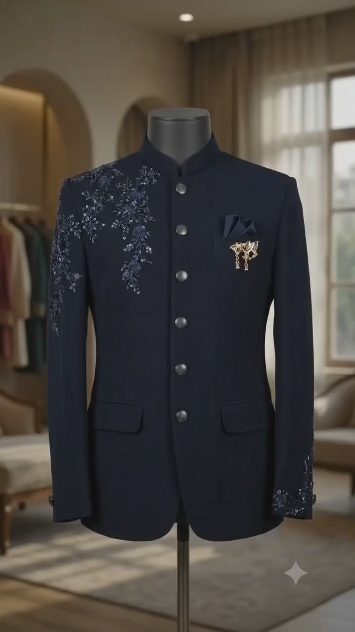 Load video: Royal Navy Blue Bandhgala Set