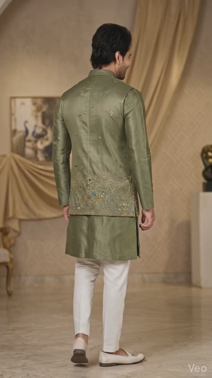 Load video: Olive Green Kurta Koti Set