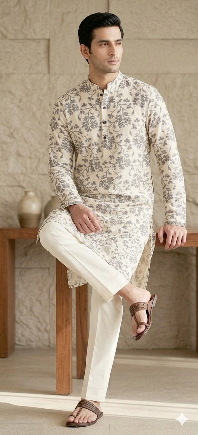 White floral work kurta