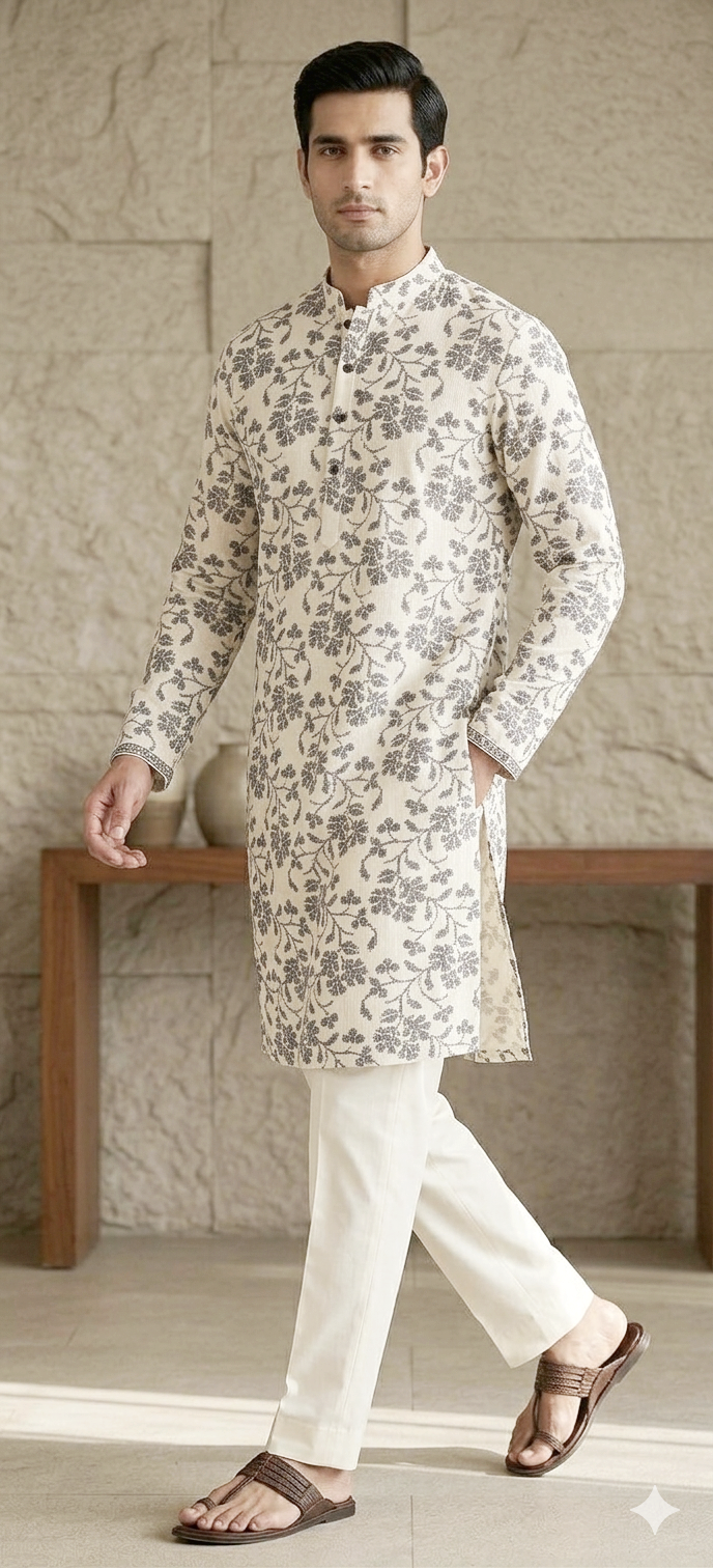 White floral work kurta