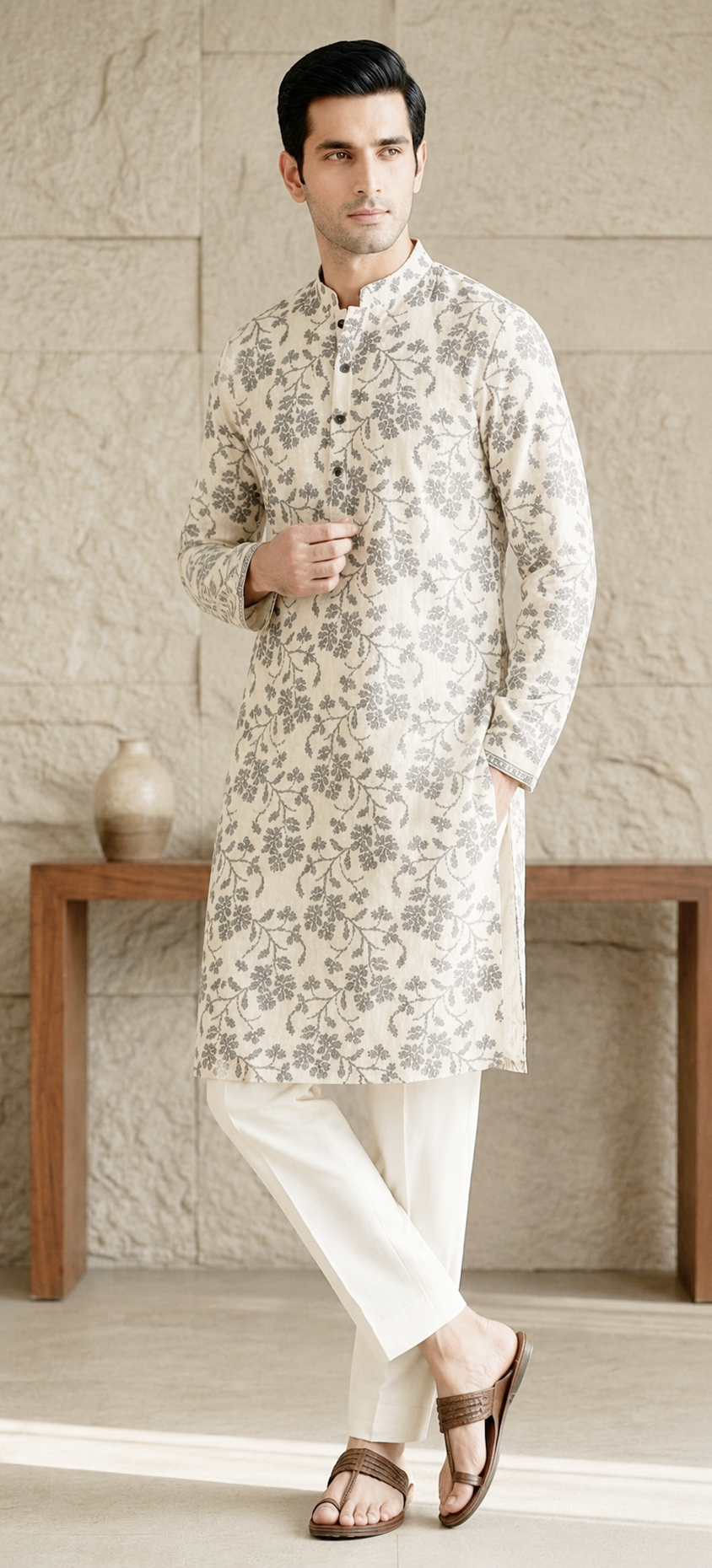 White floral work kurta