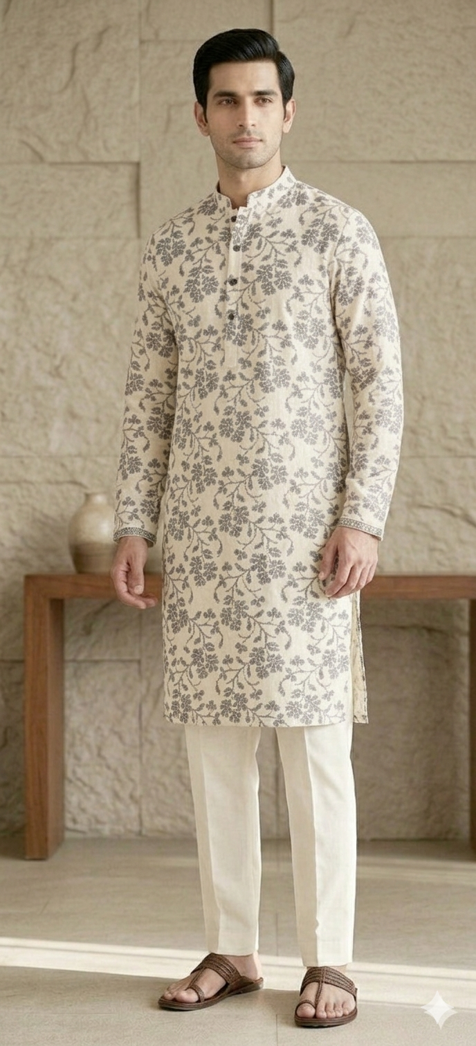 White floral work kurta