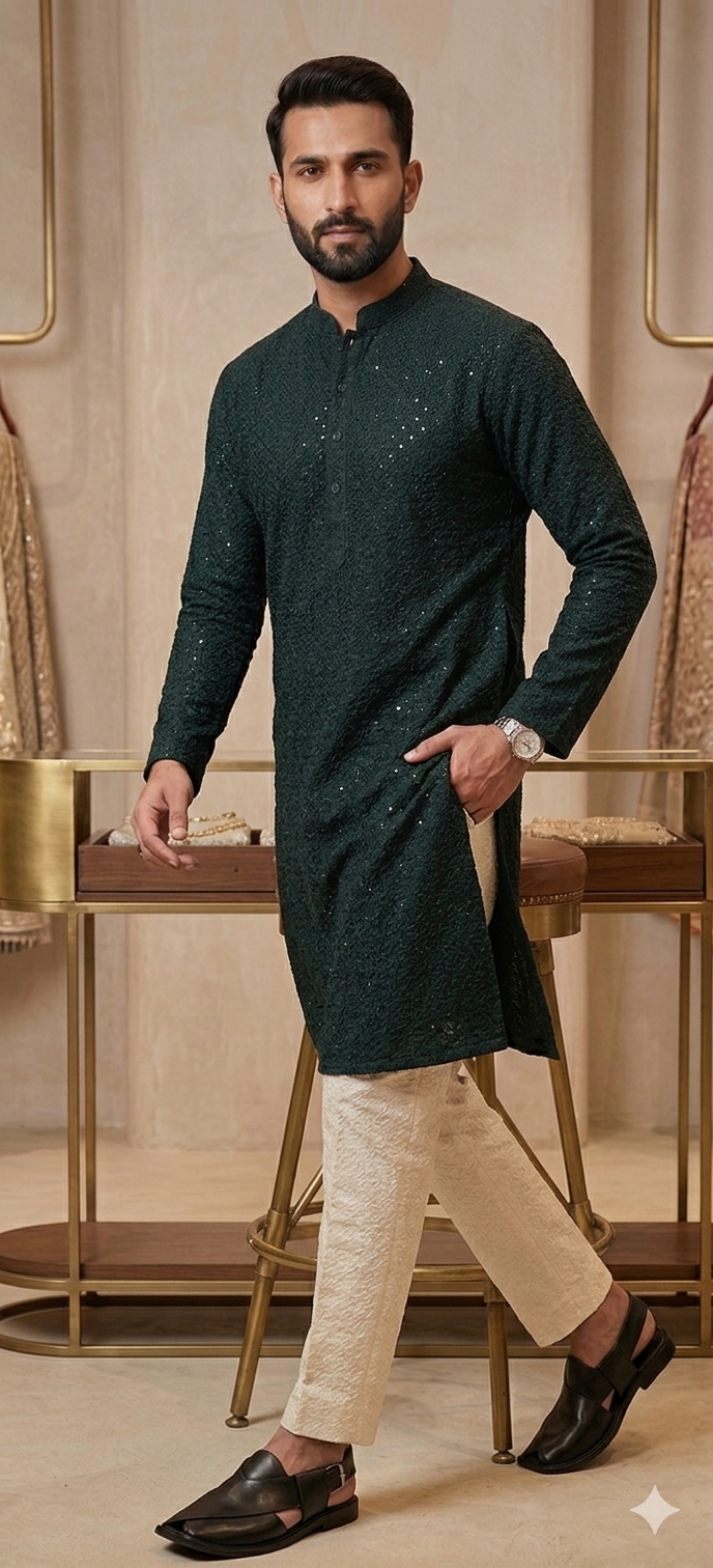 Forest Green Chikankari Kurta